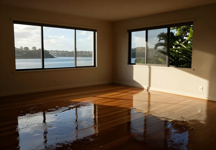 Flood-damaged living room in Bonnyrigg before restoration